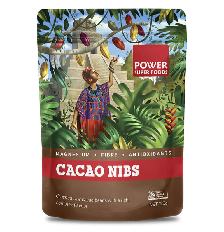 Package of Power Super Foods Cacao Nibs with a tropical design on the label.