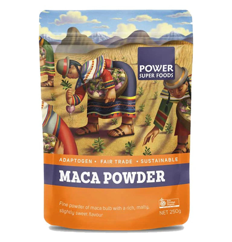 Package of Power Super Foods Maca Powder with indigenous design on the label