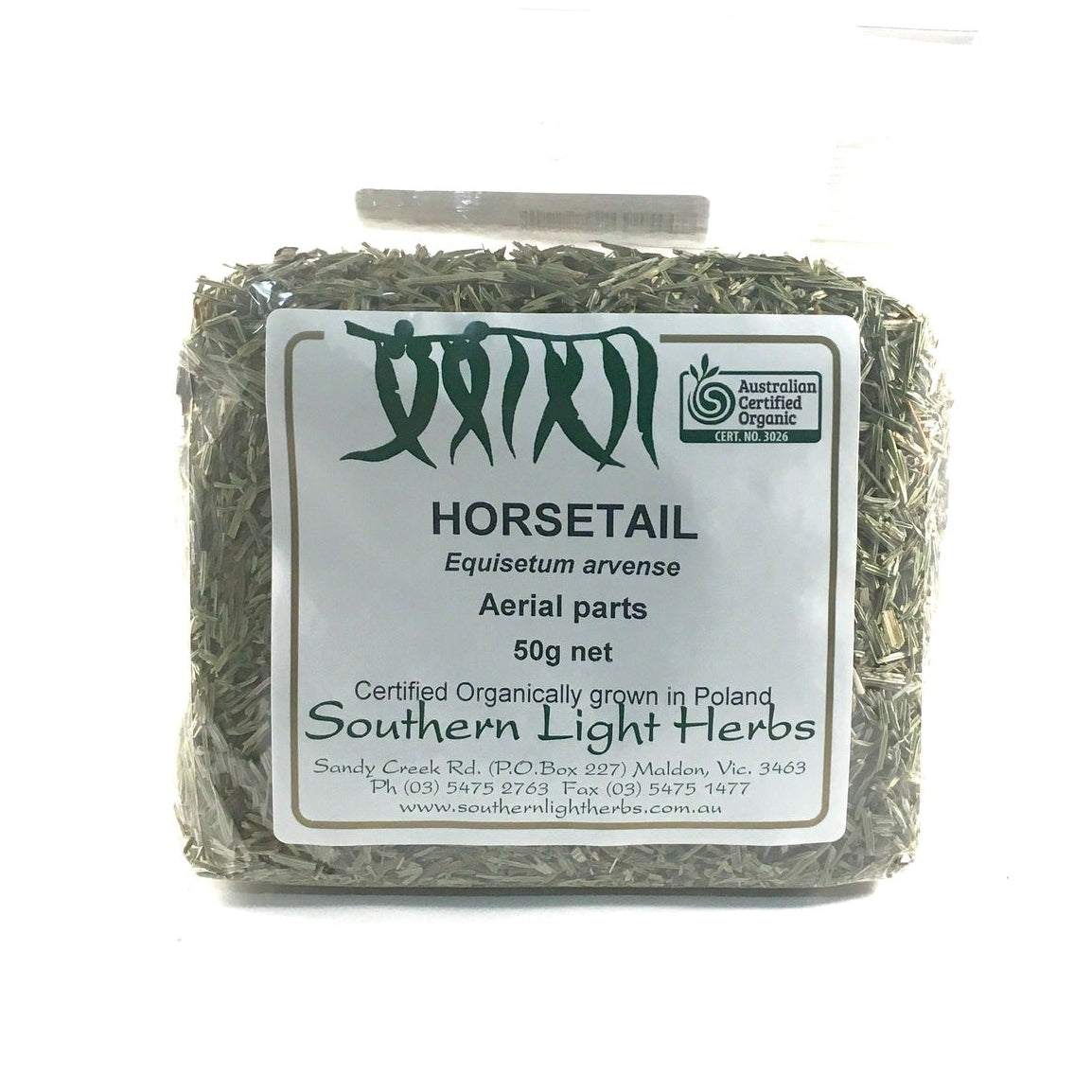 A 50g square package of Southern Light Herbs Horsetail (Equisetum arvense) aerial parts, showing the dried green and brown herbal material through a clear plastic bag with a white label.