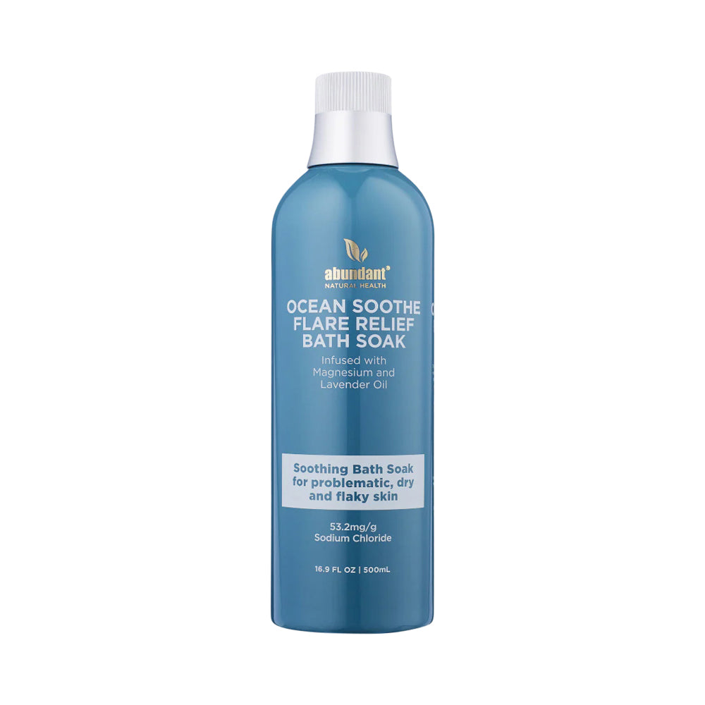 Blue bottle of Ocean Soothe Flare Relief Bath Soak on a white background