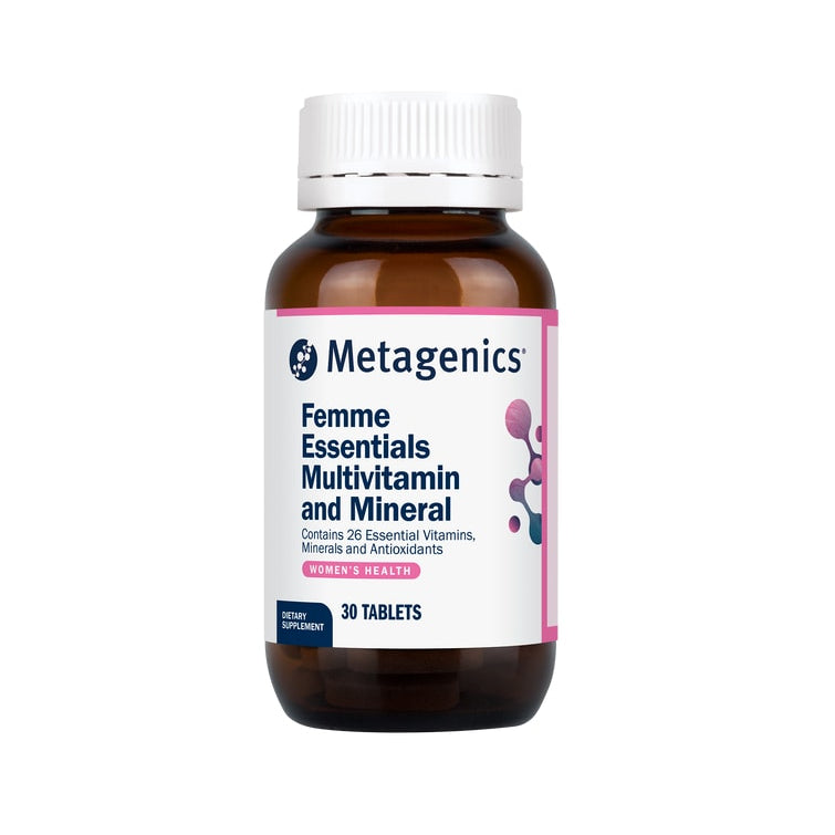 Metagenics Femme Essentials Multivitamin and Mineral bottle on a white background