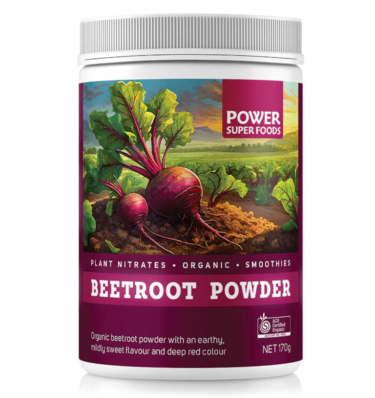 Beetroot powder container with Power Super Foods branding on a white background