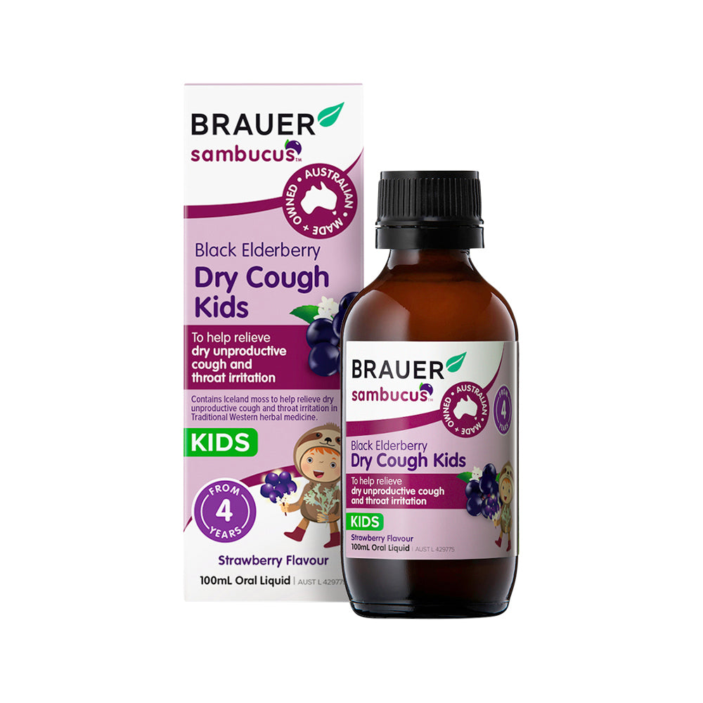Brauer - Sambucus Black Elderberry Kids Dry Cough Strawberry Flavour Oral Liquid