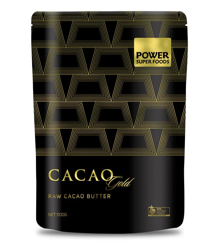 Cacao Gold raw cacao butter packaging with Power Super Foods branding on a white background