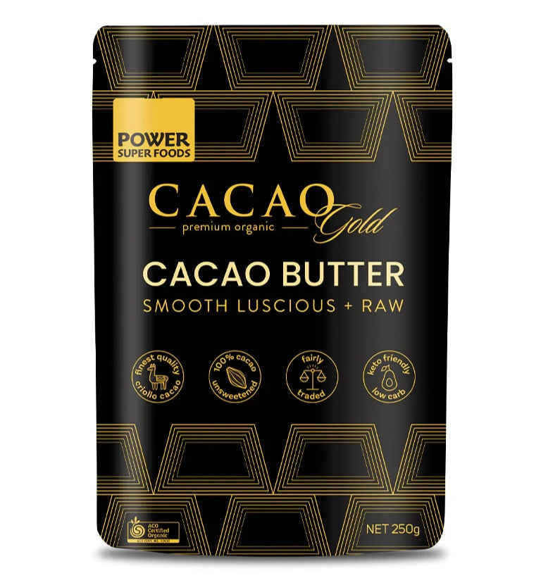 Cacao Gold Cacao Butter packaging with gold text on a black background