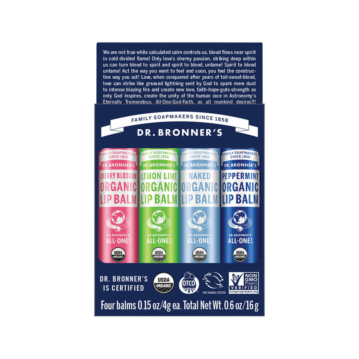 Dr. Bronner's - Organic Lip Balm (Cherry Blossom Lemon Lime Naked & Peppermint)