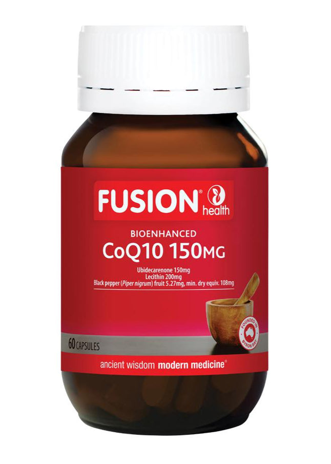 Fusion health CoQ10 150mg supplement bottle on a white background