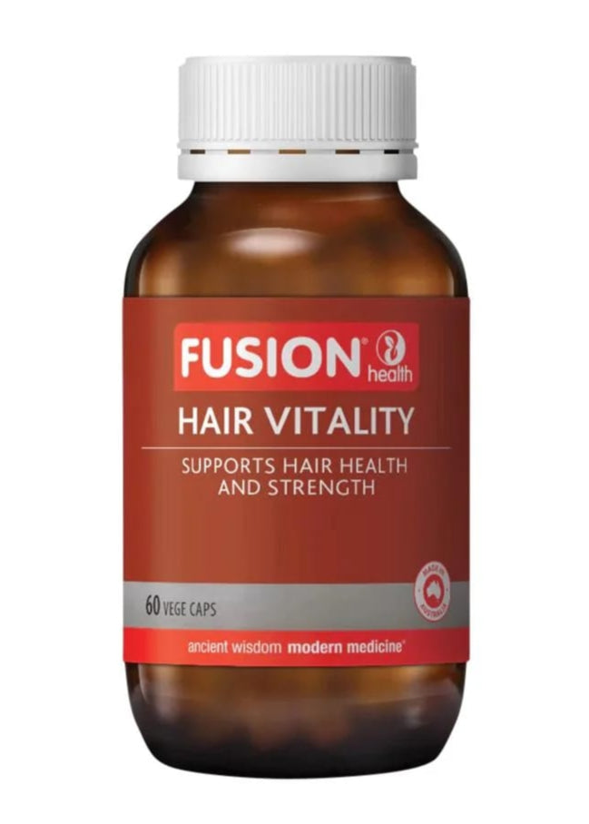 Bottle of Fusion Health Hair Vitality supplement on a white background