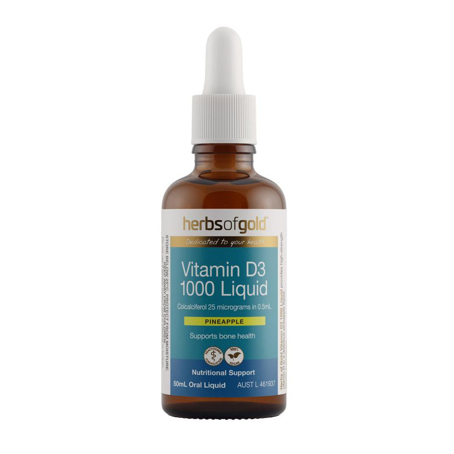 A bottle of Herbs of Gold Vitamin D3 1000 Liquid in pineapple flavor with a dropper cap.