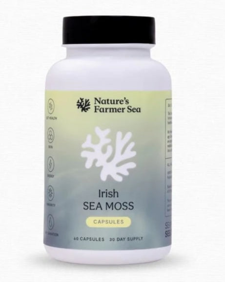 Nature's Farmer Sea Irish Sea Moss capsule bottle on a white background