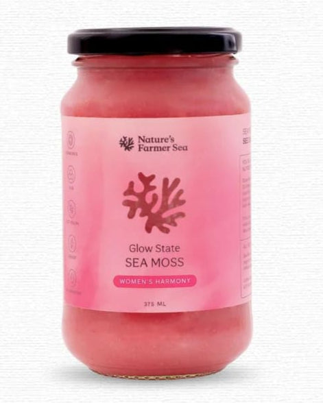 Jar of Glow State Sea Moss with pink label on a white background