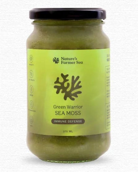 Jar of Green Warrior Sea Moss on a white background
