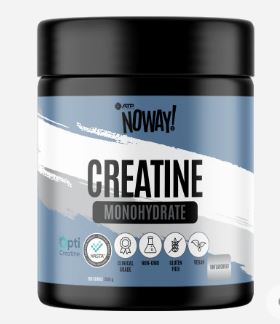 Container of creatine monohydrate powder by NOWAY! on a black background