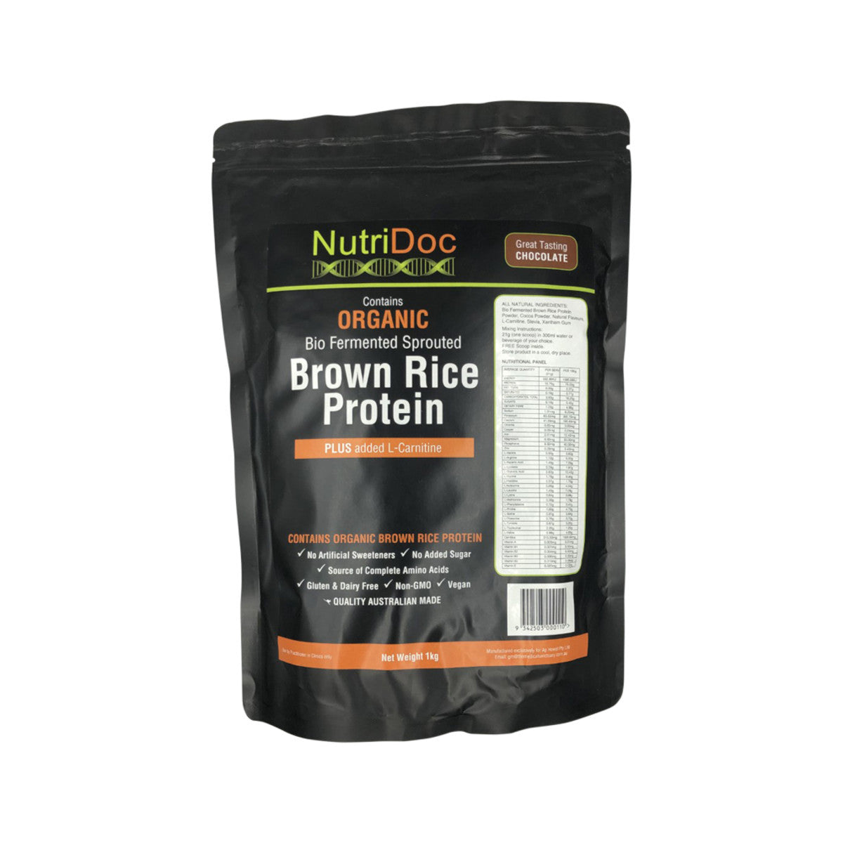 Nutridoc - Organic Bio-Fermented Sprouted Brown Rice Protein Plus added Carnitine Chocolate
