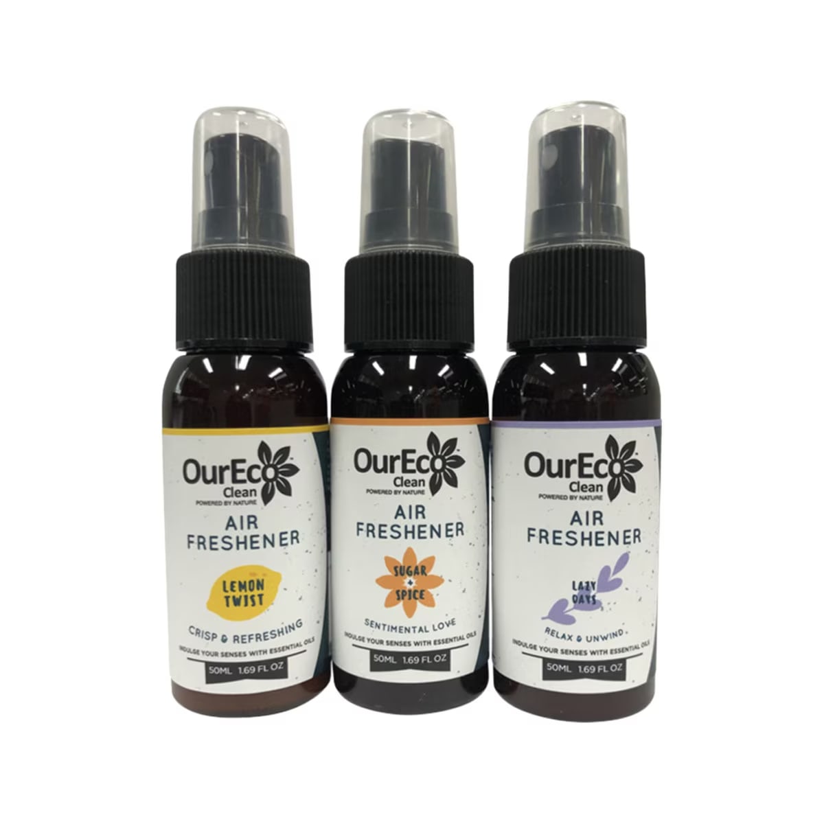 OurEco Clean - Air Freshener Travel Mates 50ml x 3 Pack (contains: Lazy Days Sugar & Spice & Lemon Twist)