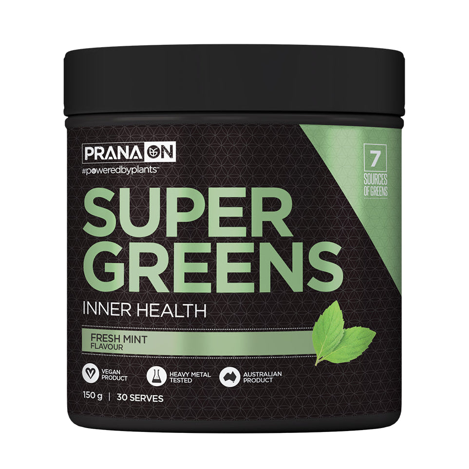 Prana Super Greens supplement container on a white background