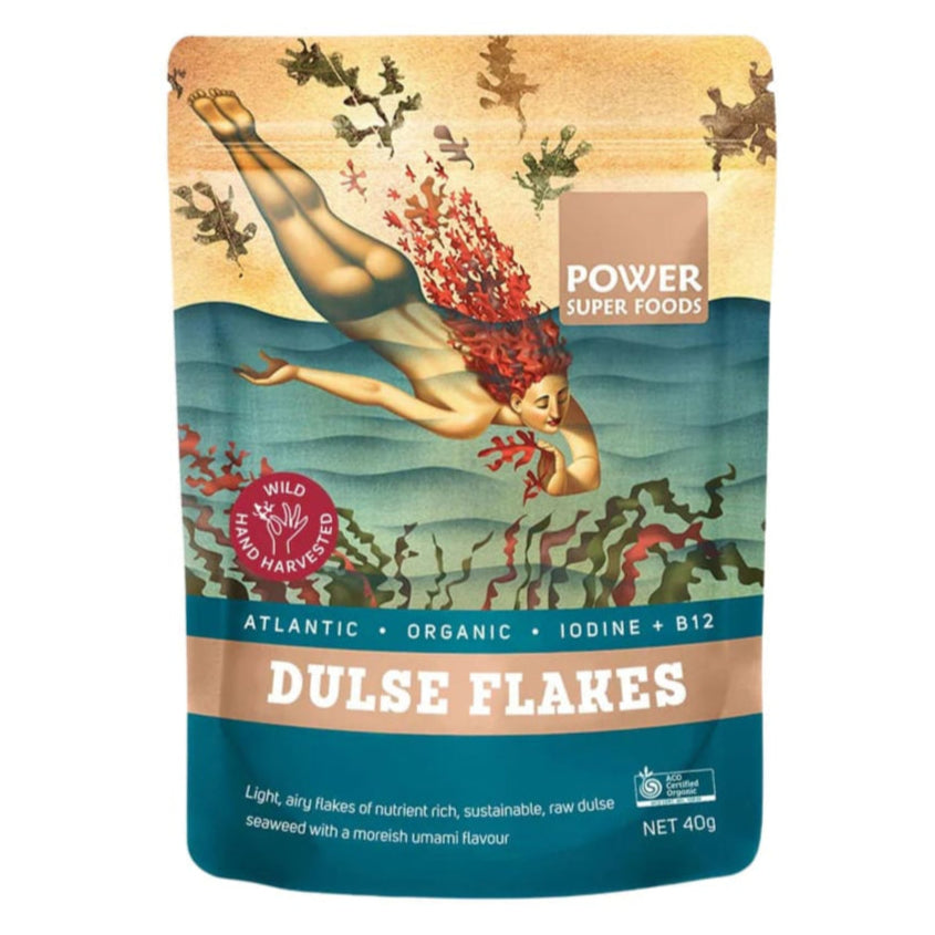 Package of Power Super Foods Dulse Flakes with artistic design on a white background