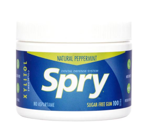 Spry - Xylitol Sweetened Sugar-Free Chewing Gum Peppermint Tub x 100 Pieces