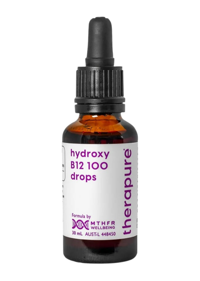 Bottle of therapure hydroxy B12 100 drops on a white background
