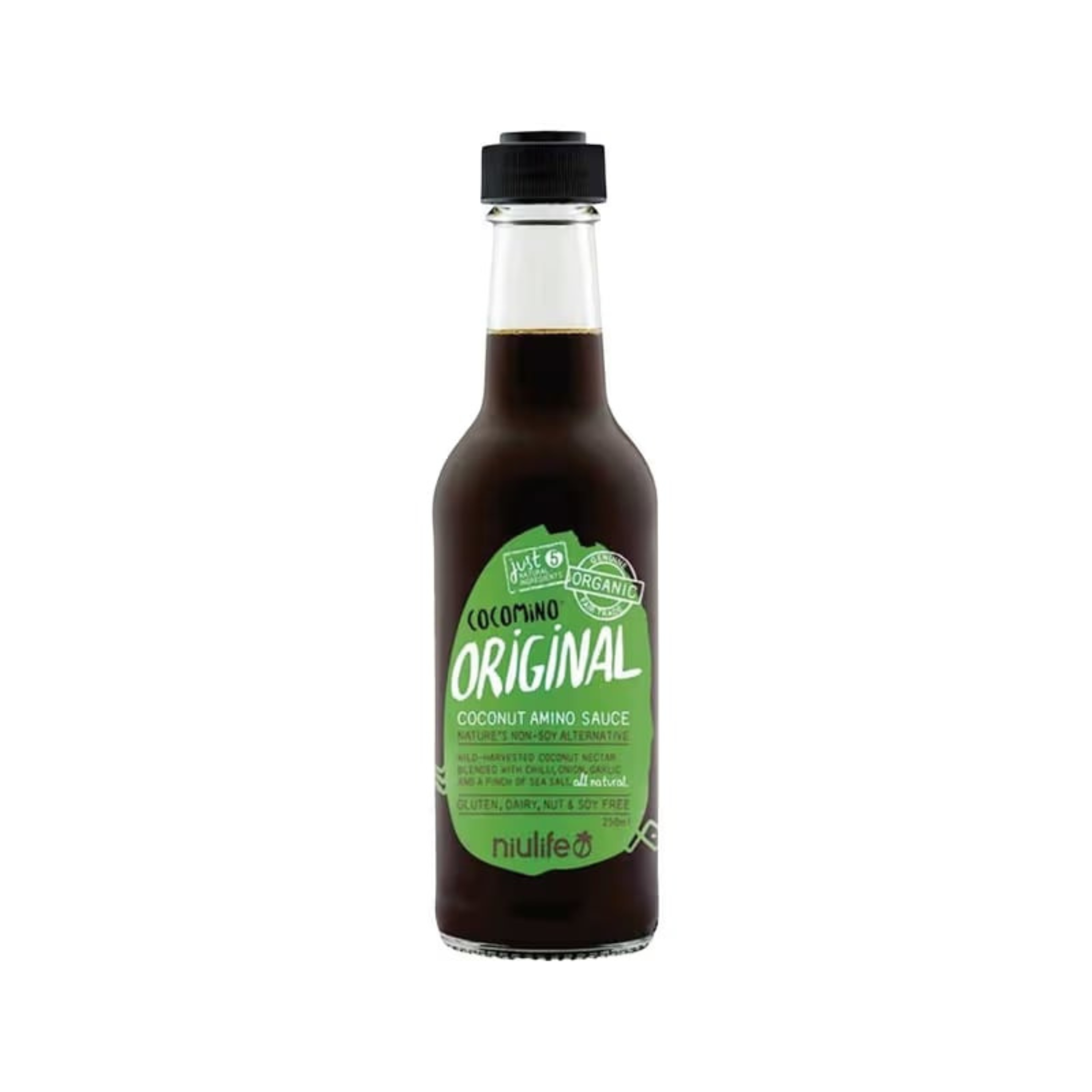 Bottle of coconut amino sauce with a green label on a white background