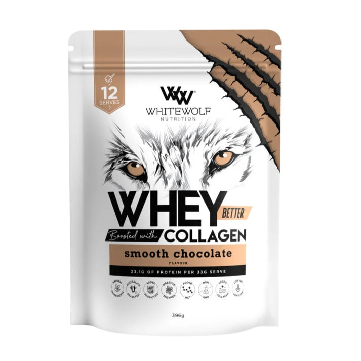 WhiteWolf Nutrition whey protein package with a wolf design on a white background