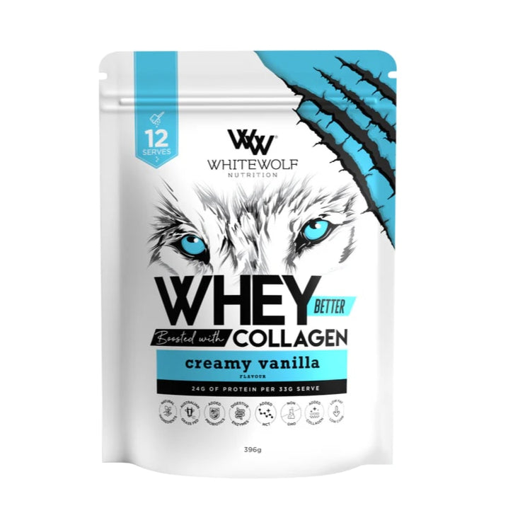 Whitewolf Nutrition whey protein package with a wolf design on a white background