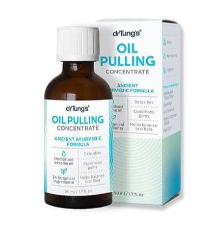 Dr. Tung's Oil Pulling Concentrate bottle and packaging on a white background
