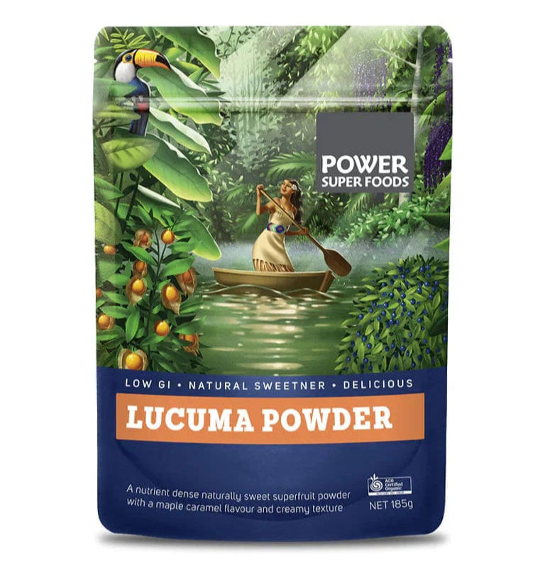Packaging of Power Super Foods Lucuma Powder with a tropical design on a white background
