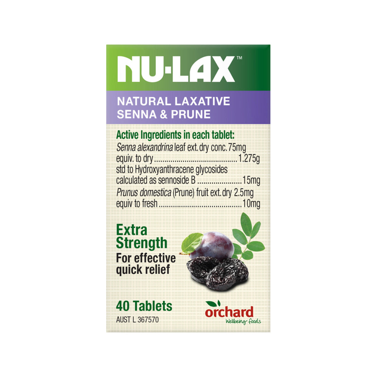 NULAX NATURAL LAXATIVE EXTRA STRENGTH SENNA AND PRUNES 40T