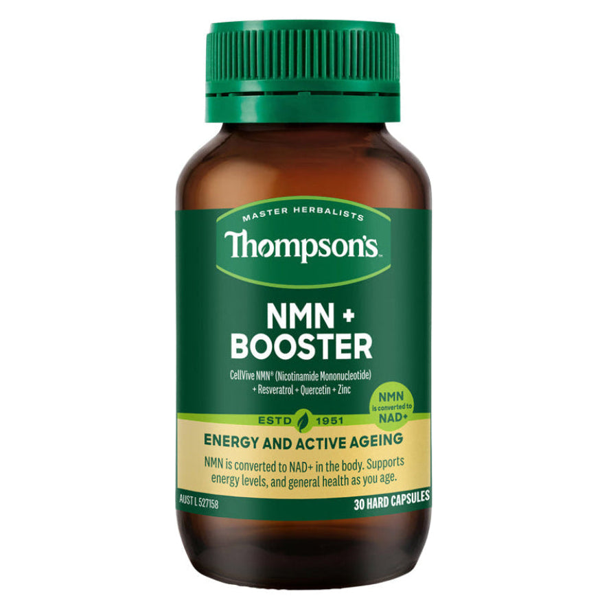 A bottle of Thompson's NMN + Booster dietary supplement, featuring an amber brown bottle and a dark green cap and label, on a solid white background.