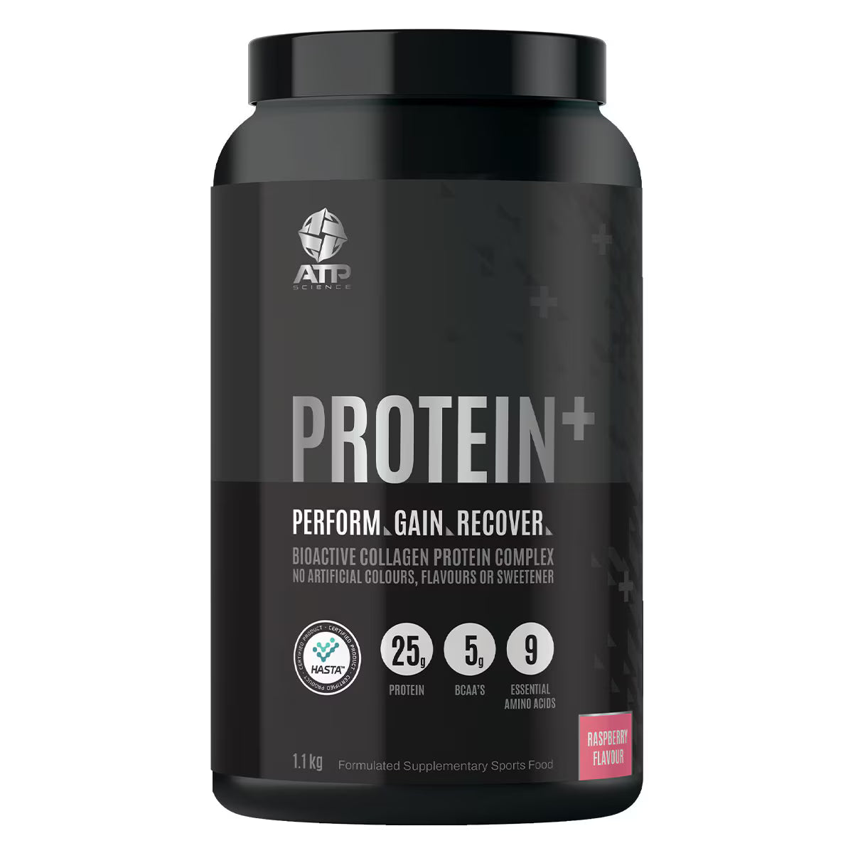 Black protein supplement container with branding and nutritional information on a white background