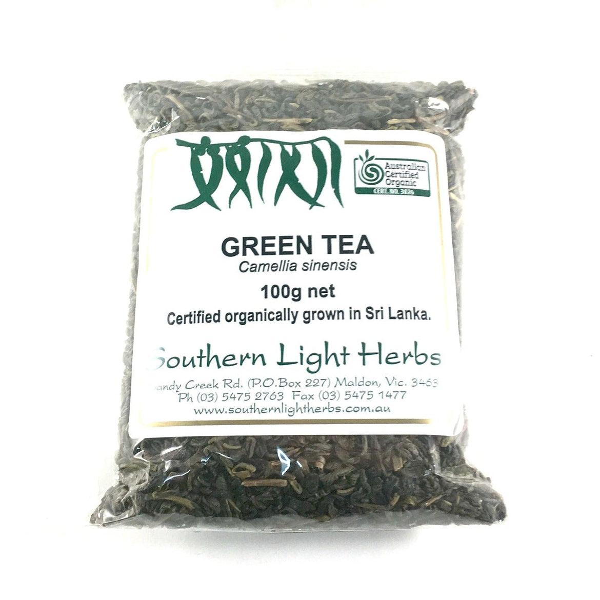 A 100g bag of Southern Light Herbs organic green tea (Camellia sinensis) with a white label, shown on a plain white background.