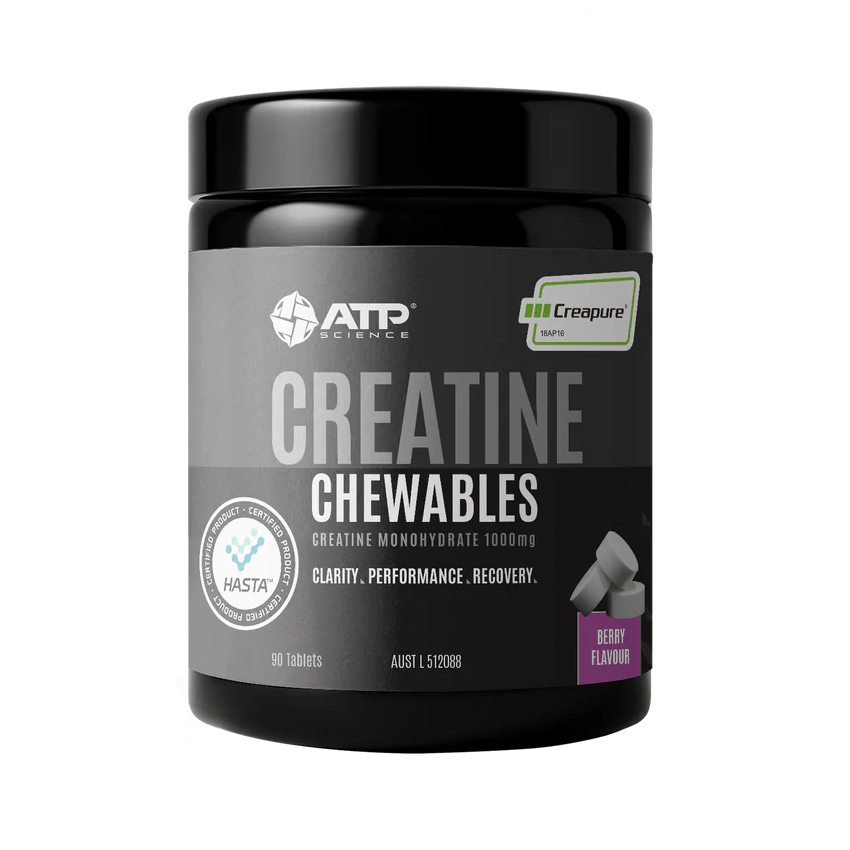 Black container of ATP Science Creatine Chewables on a white background