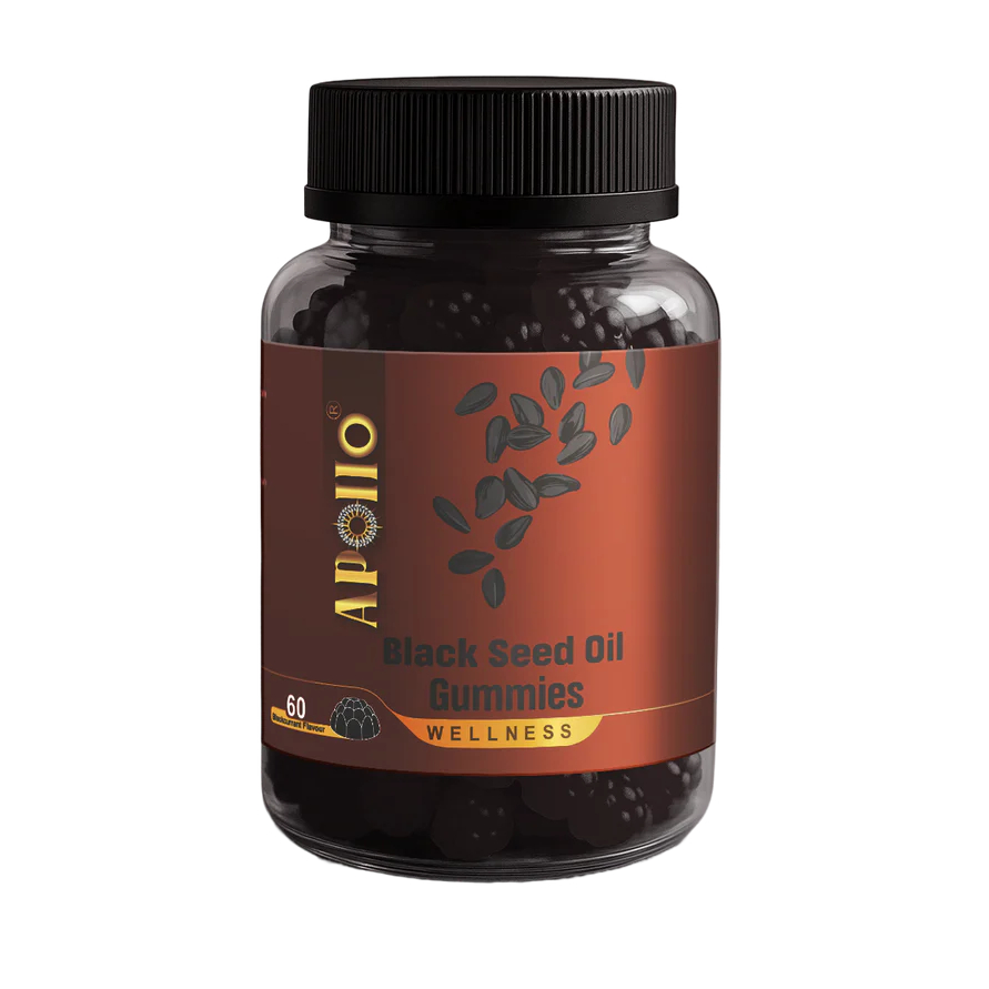 Bottle of Apollo Black Seed Oil Gummies on a white background