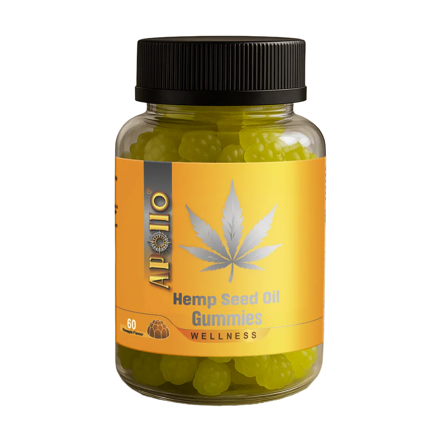 Jar of hemp seed oil gummies with a visible brand label on a white background