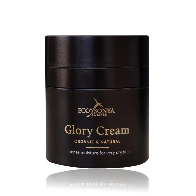 Black jar of Eco by Sonya Glory Cream on a white background