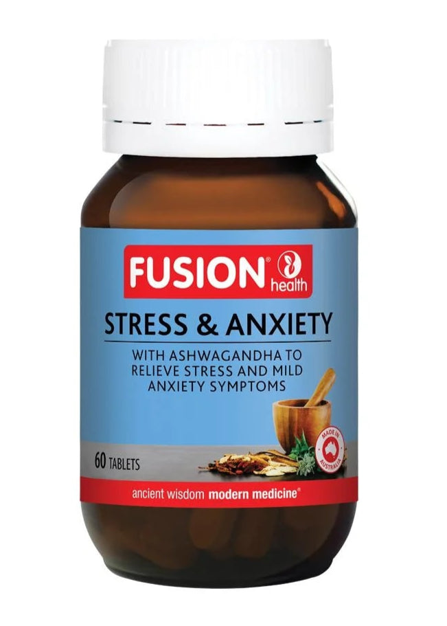 Fusion Health stress and anxiety supplement bottle on a white background