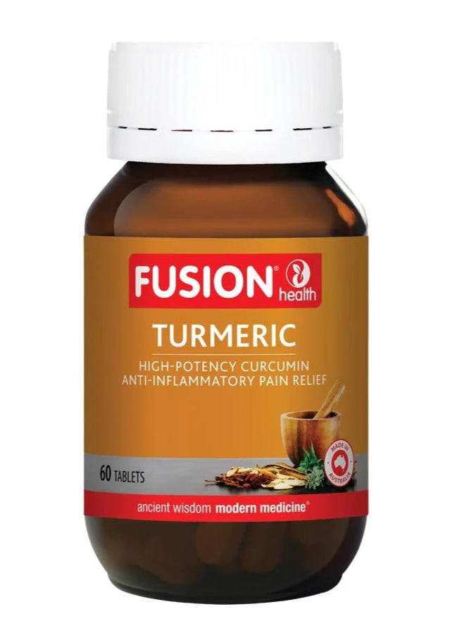 Bottle of Fusion Health Turmeric tablets on a white background