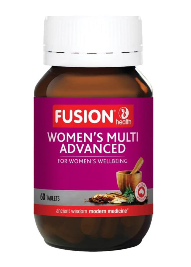 Bottle of Fusion Women's Multi Advanced supplement on a white background