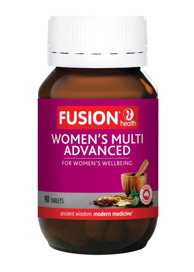 Bottle of Fusion Health Women's Multi Advanced supplement on a white background