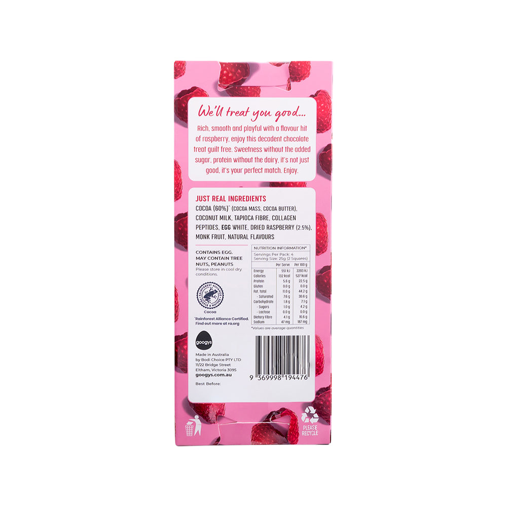 Googys Good Choc+ (Collagen + Egg Protein Chocolate) Dark Raspberry 100g