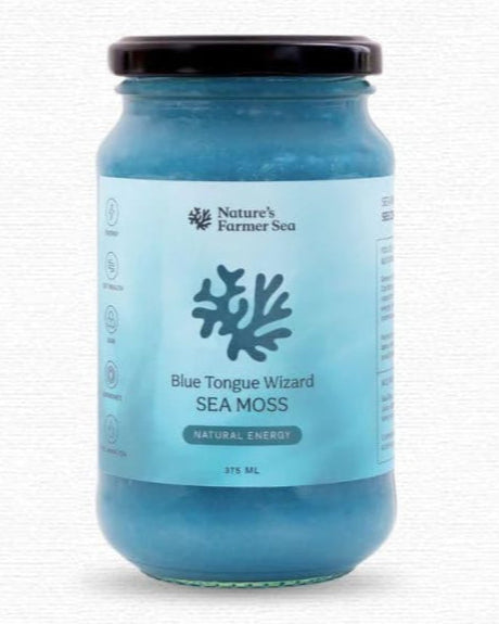 Jar of Blue Tongue Wizard Sea Moss with a blue label on a white background