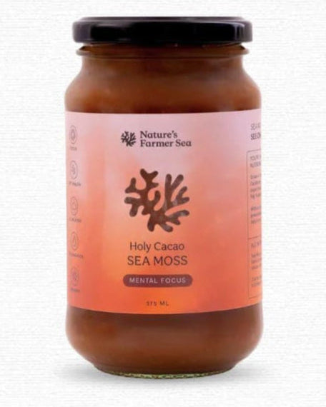 Jar of Nature's Farmer Sea Holy Cacao Sea Moss on a white background