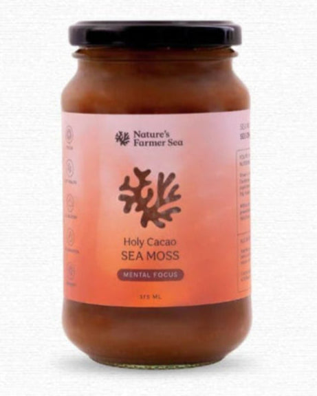 Jar of Nature's Farmer Sea Holy Cacao Sea Moss on a white background