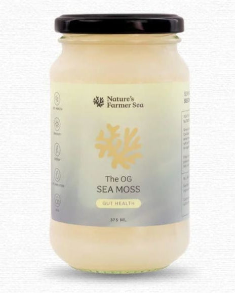 Jar of Nature's Farmer Sea Moss on a white background