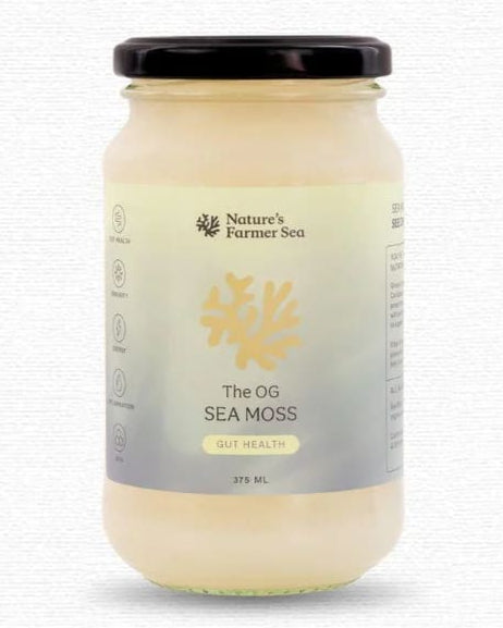 Jar of Nature's Farmer Sea Moss on a white background