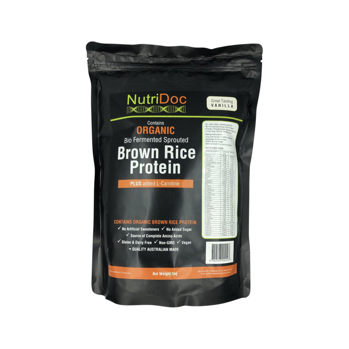 Nutridoc - Organic Bio-Fermented Sprouted Brown Rice Protein Plus added Carnitine Vanilla