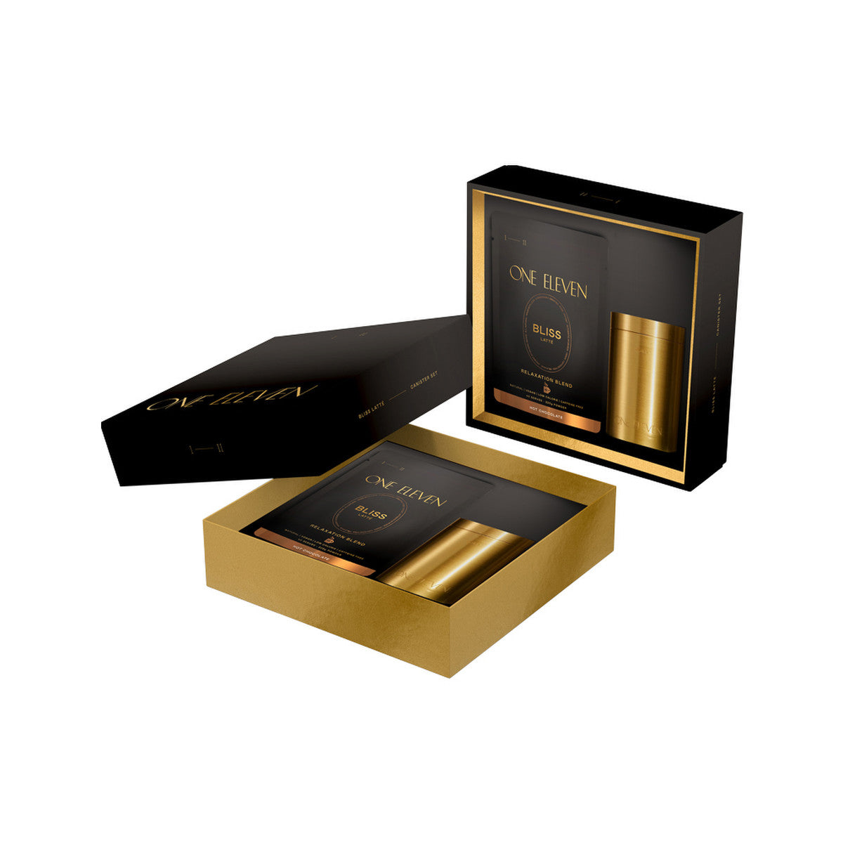 One Eleven - Bliss Latte (Relaxation Blend) Canister Set - Hot Chocolate 220g with Brass Canister