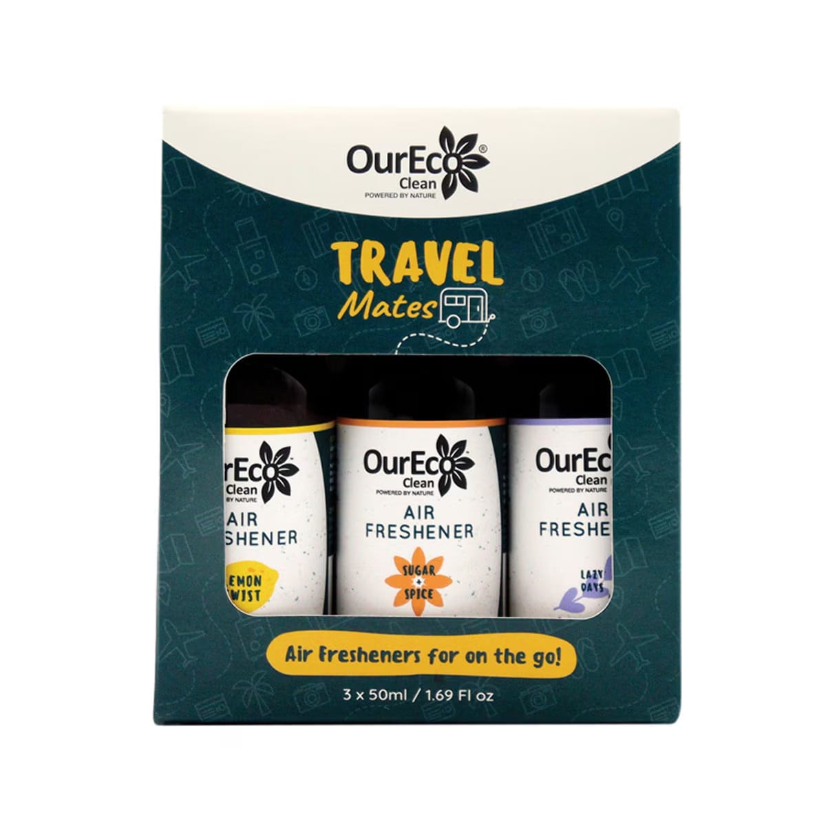 OurEco Clean - Air Freshener Travel Mates 50ml x 3 Pack (contains: Lazy Days, Sugar & Spice & Lemon Twist)