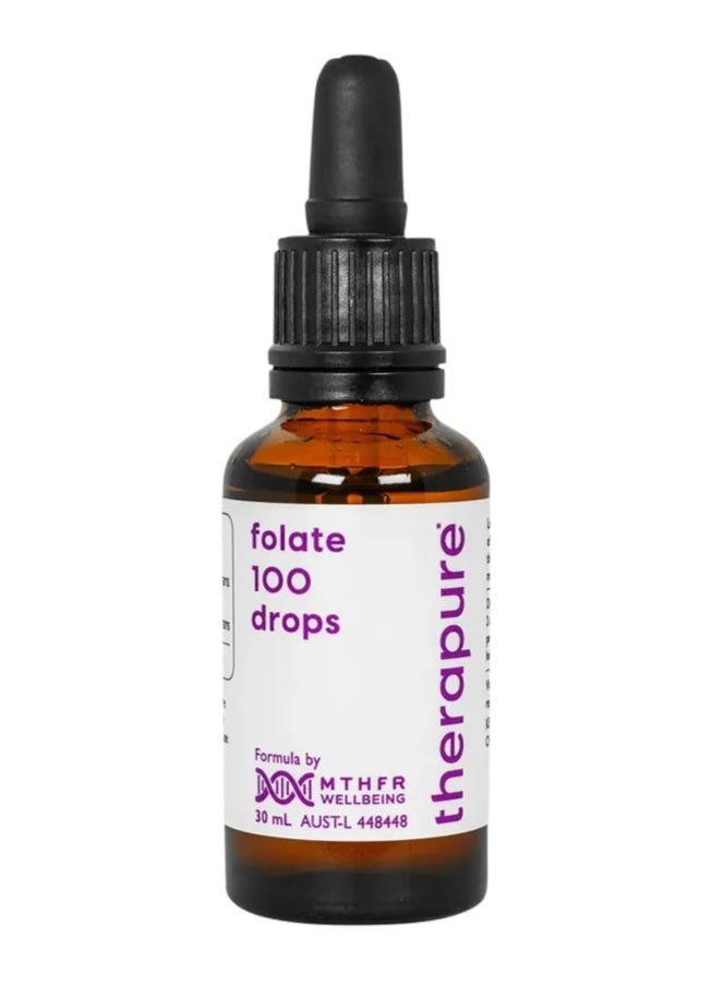 Bottle of Therapure folate 100 drops on a white background
